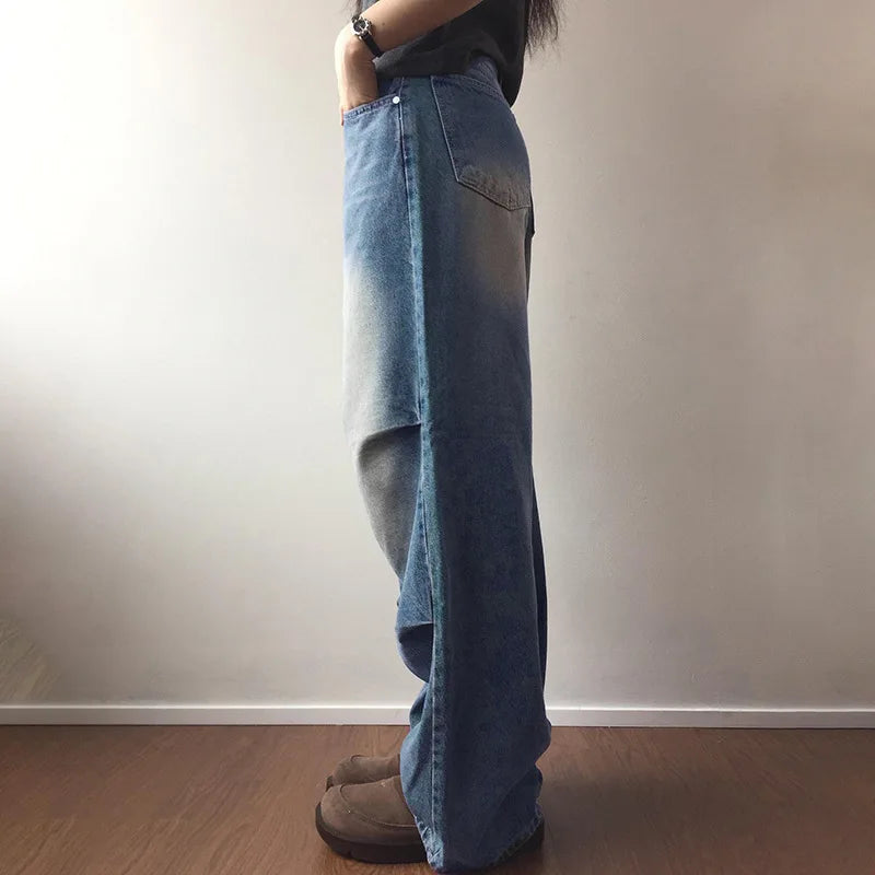 JazzHer Women Jeans Denim High Waist Full Length Wide Leg Pants Pockets Casual Basics Loose Fit Wash Zipper Fly Folds Distressed