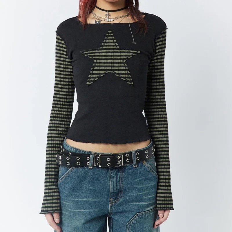 JazzHer Gothic Mall Goth Tees y2k Star Patched Striped Long Sleeve T-shirt Harajuku Grunge O Neck Slim Fit Crop Tops Streetwear