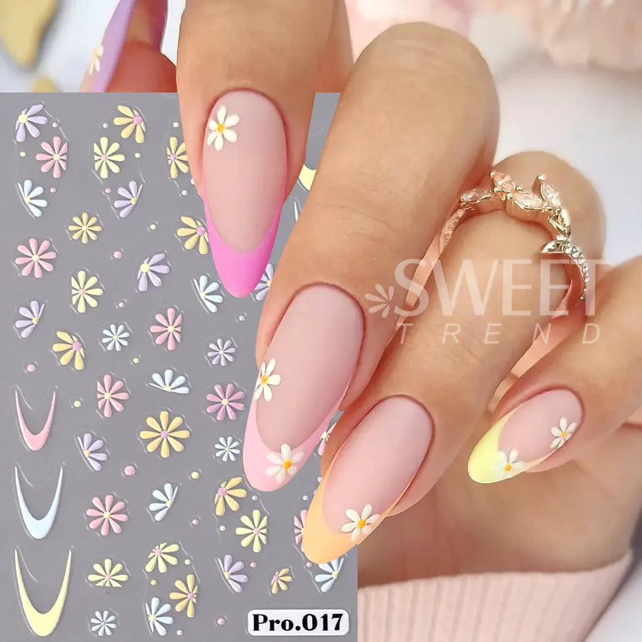 JazzHer 5D Embossed Flower Nail Stickers Colorful Simple DIY Wildflower Daisy Geometric Lines Gel Polish Decals Wedding Engraved Slider