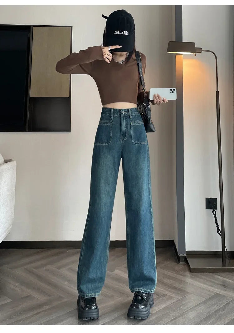 JazzHer Women High Waist Jeans Straight Trousers Vintage Loose Denims Pockets Denim Full Length Streetwear Female Wide Leg Pants