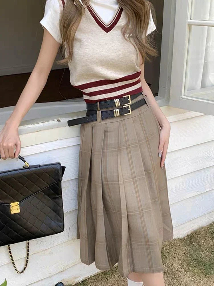 JazzHer- Vintage Long Plaid Skirt Women High Waist A-line Korean Fashion Preppy Midi Pleated Skirt Autumn Winter School Uniform