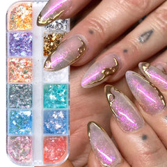 JazzHer Crystal Fire Flakes Nails Art Glitter Iridescent Aurora Gold Leaf Paillettes Pigment Translucent Polish Pollen Decorations LYOBW