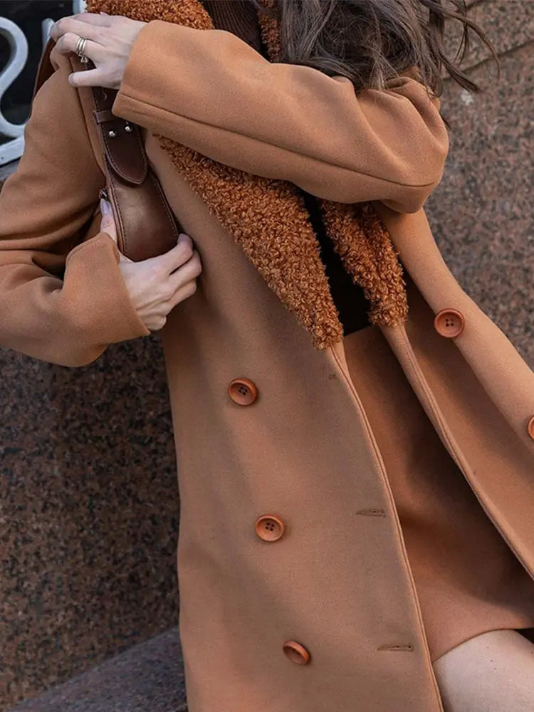 JazzHer 2024 Autumn Winter Women's Lapel Double-breasted Jacket Fashion Solid Splicing Lamb Wool Coat New Lady Commute Warm Outwears