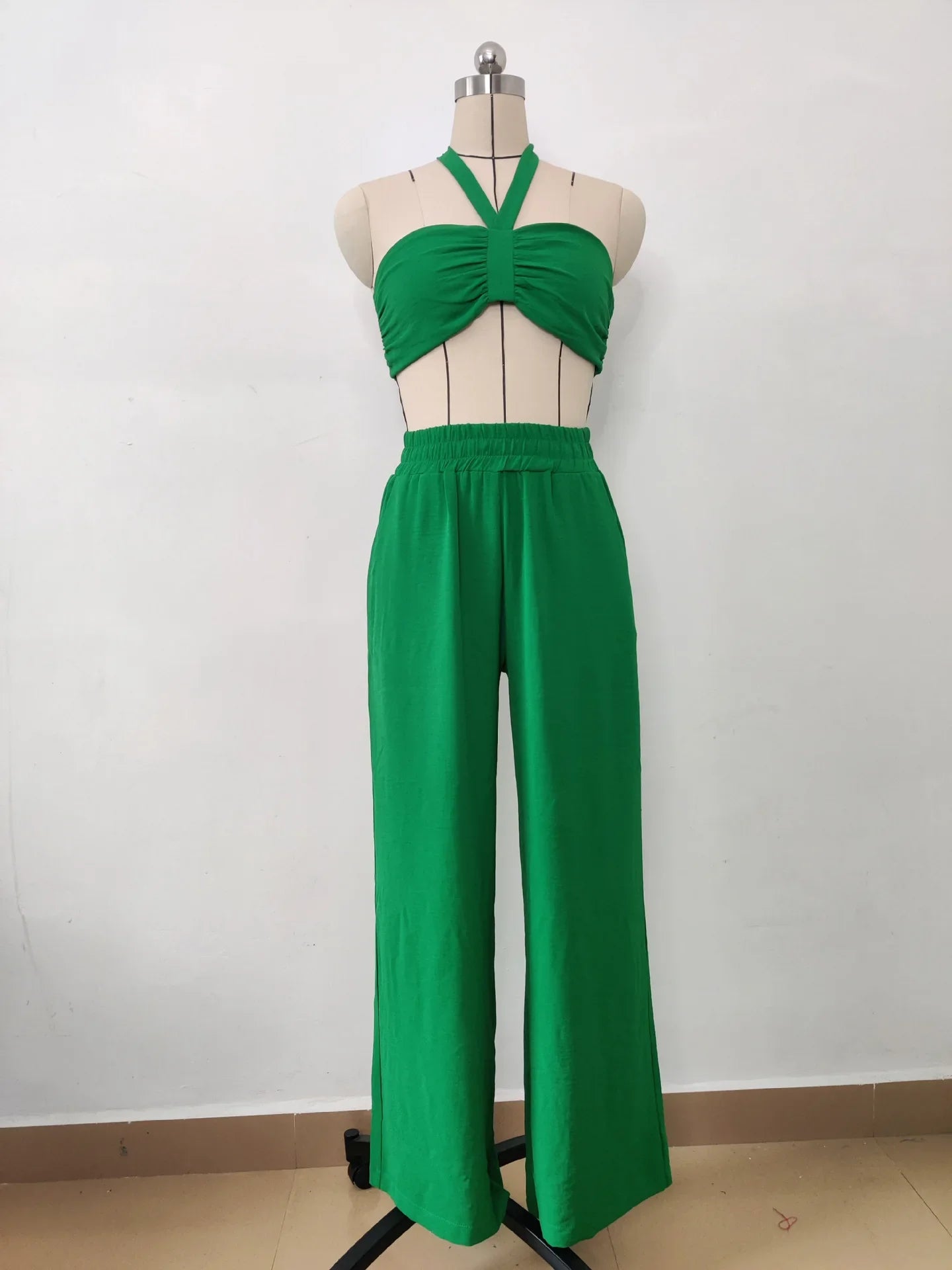 JazzHer Women Two Piece Pant Sets Solid Sleeveless Camisole Elegant Tops Elastic Waist Wide Leg Pants Pocket Casual Ladies Summer Beach