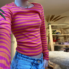 JazzHer Vintage Preppy Style Y2K Crop Tops Clothes Cottage Striped Rib Knitted T-shirt Women Long Sleeve Casual Basic Tees Pullovers