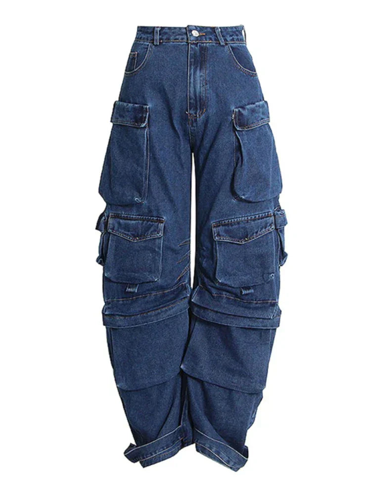 JazzHer 2023 New American Multi-pocket Overalls Female Y2K Fashion Trend High Street Retro Heavy Industry Loose Casual Wide-leg Jeans