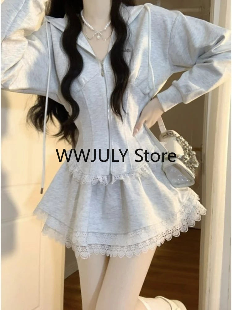 JazzHer Korean Fashion Clothing Grey Lace 2 Piece Set Woman Casual Hooded Slim Coat + Slim Party Y2k Mini Skirt Elegant 2024 Autumn Chic