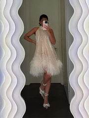 JazzHer Elegant White Sequins Feather Hem Mini Dress Women Sexy Off Shoulder Loose Halter Dresses 2024 New Shiny Female Party Vestidos