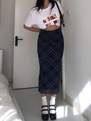 JazzHer- Y2k Plaid Long Skirt Low Waist Slim Women Streetwear Gyaru Mesh Patchwork Straight Maxi Skirt Autumn Fashion Girl