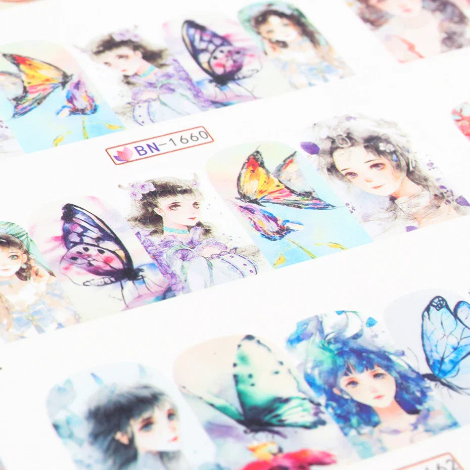 JazzHer 12 Designs Charm Anime Girl Nail Water Decals Goddess Winter Sticker Butterfly Fairy Sliders Manicure Accessories LYBN1657-1668