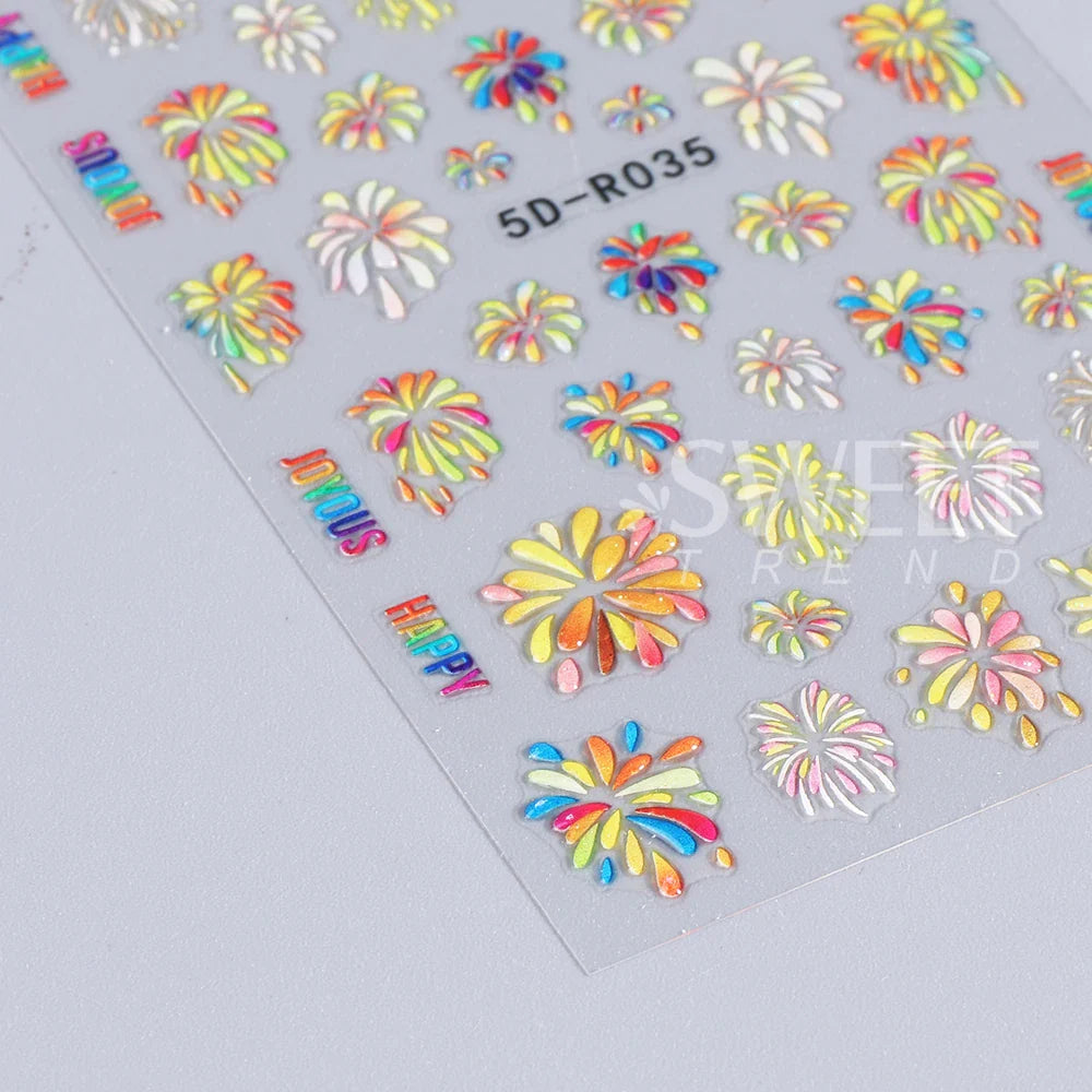 JazzHer 5D Eye Nail Embossed Stickers Blooming Fireworks Jelly Sweet Cartoon Candy  Kawaii Mouth Monster Design New Year Manicure Decal