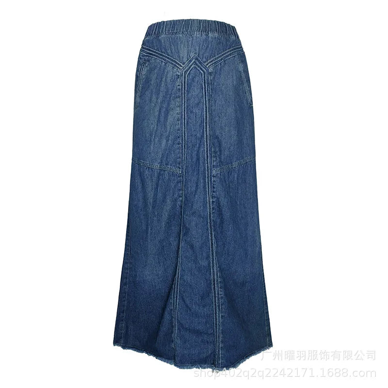 JazzHer Cotton Long Skirt Denim Jeans Women Long Skirt Stretch Vintage Loose Slim Fit Blue Club Streetwear Chic Sexy Harajuku Skirts