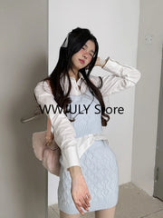 JazzHer 2024 Fall Fashion Japanese Fashion Suit Skirt Woman Sweet Crop Tops Slim Bodycon Mini Skirt Knitted Sweater 3 Piece Set Office Lady 2024 Autumn