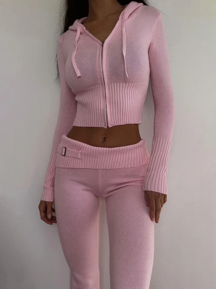 JazzHer 2024 Fall Fashion Women Spring Outfits Casual Zipper Sweater Hoodie Set High Waist Flare Pants Suits Pink Knitted Womens Y2k Two Piece Set