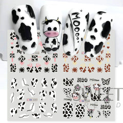 JazzHer 12pcs Milk Cows Nail Water Sticker Cute Cartoon Animals Prints Geometry Strip Decals Tattoo 2024 Watermark Transfer Sliders LYBN