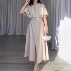 JazzHer Women Dress Splice Party Long Dresses Round Neck Short Sleeve High Waist Belt A Line Vestidos Casual Elegant Slim Maxi 2024