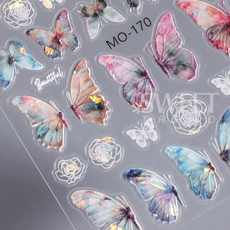 JazzHer 5D Acrylic Aurora Shell Butterfly Nail Stickers Decals Kawaii Design Cartoon Embossed Sliders DIY Manicure Art  Accessories Tips