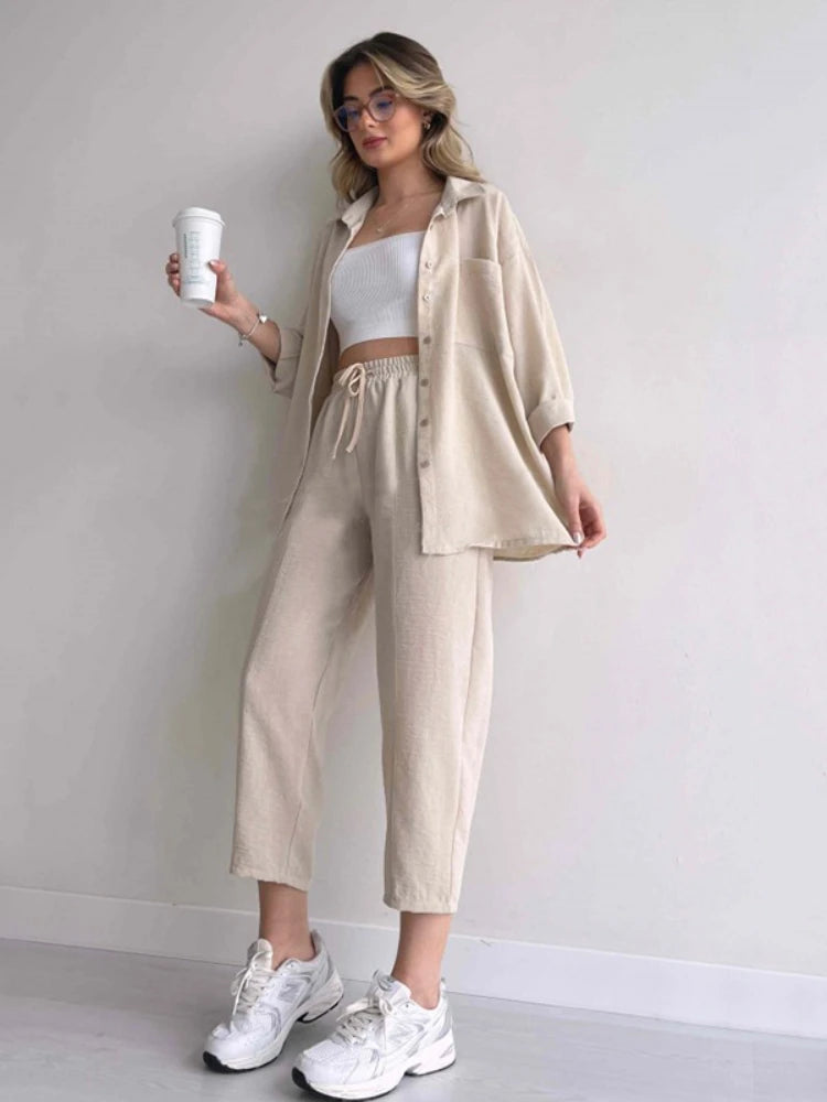 JazzHer Tracksuit Two Pieces Harem Pants Matching Sets Loose Solid Single Breasted Blouses Casual Drawstring Pant Sets Sports 2024