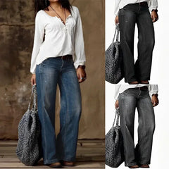 JazzHer Women Jeans Wide Leg Pants Ankle Length Washing Denim Distressed Pockets High Waist Casual Loose Solid Spliced Summer 2024