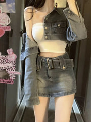 JazzHer Vintage Denim Suit Woman Slim Casual Short Cardigan + Sexy Bodycon Y2k Mini Skirt Elegant Korean Fashion Set 2024 Spring Chic