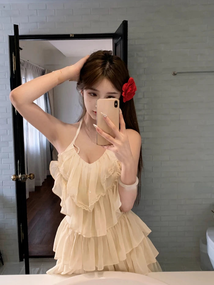 JazzHer 2024 New Solid Sweet Y2k Mini Dress Beach Chiffon Sexy Sleeveless French Elegant Dress Casuasl One Piece Dress Korean Fashion