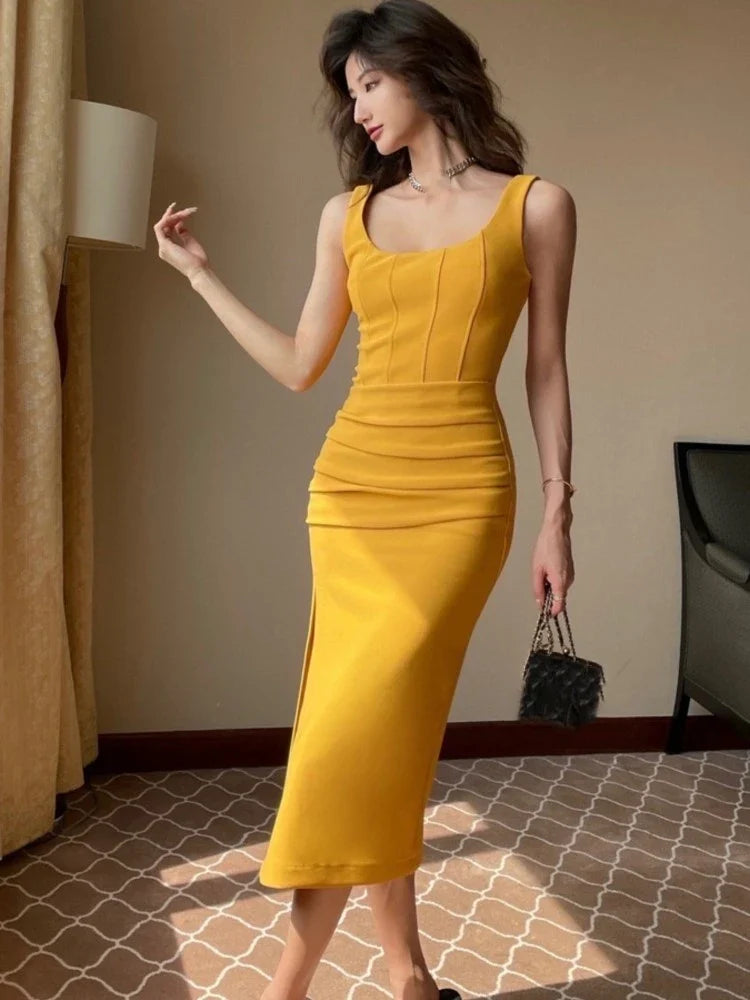 JazzHer New Summer Sexy Bodycon Midi Dress Women Solid Spaghetti Strap High Split French Vintage Evening Party Dresses Casual Vestido