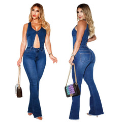 JazzHer Full Length Denim Flare Pants Women Vintage Overalls Washed Pockets Solid Basics High Waist Hollow Sexy 2024 Loose Spliced