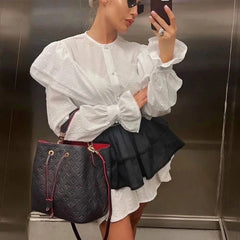 Black Friday JazzHer Ruffled Flare Sleeve Shirt Dress For Women With High Waisted Shorts Contrast Color Patchwork Mini Party Dress Autumn New