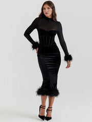 JazzHer Elegant Feather Sexy Midi Dress For Women Black Fashion Sheer Long Sleeve Backless Bodycon Club Party Long Dress