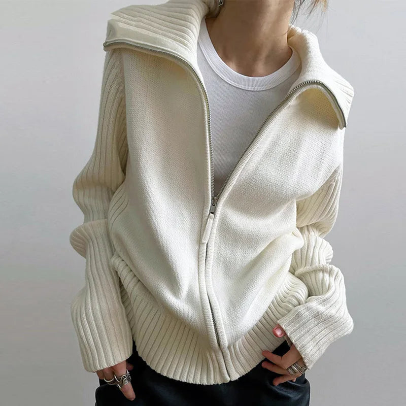 JazzHer Chic Women Retro Y2K Loose Cardigans 90s Vintage Zip Up Knitted Sweater Autumn Long Sleeve Knitwear Coat Jackets Streetwear