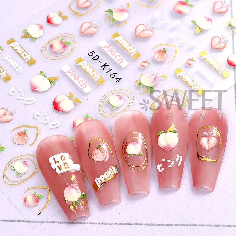 JazzHer Lemon Fruit Nail Stickers 5D Cherry Embossed Summer Strawberry Peach Watermelon Sliders DIY Acrylic Decals Manicure Decorations