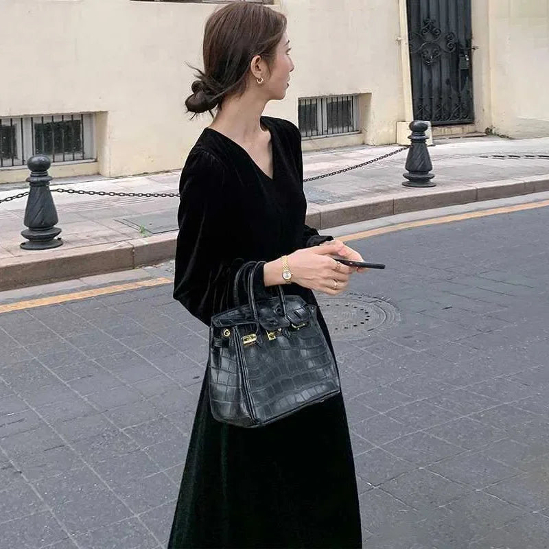 JazzHer Dress Women 2024 Autumn Office Lady Long Dresses Solid Tight Waist Full Sleeve V Neck A Line Elegant Temperament Vestidos