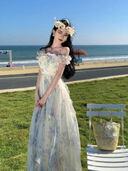 JazzHer French Vintage Bohemian Beige Print Ruffles Slip Long Dresses Summer Elegant Lady Off Shoulder Party Evening Dress Vestidos Robe