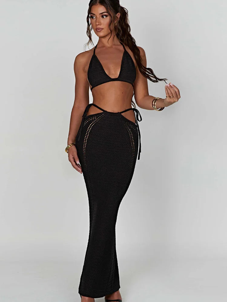 JazzHer Hollow Out Knit Dress Set Women Lace-up Crop Top And Long Skirt Matching Sets Female Sexy Club Party Two Piece Set