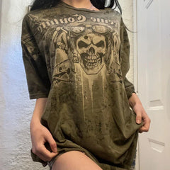 JazzHer Punk Harajuku Grunge Short Sleeve Loose Tees E-girl Gothic Skulls Graphic Print T-shirt Y2K Aesthetic Vintage Pullovers Tops