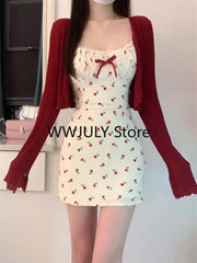 JazzHer Sweet 2 Piece Dress Set Woman Red Long Sleeve Cardigan + Strap Floral Y2k Mini Dress Party Korean Fashion Suit 2024 Autumn Chic