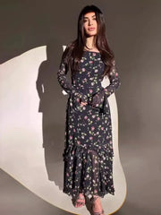 JazzHer Eid Chiffon Party Dress Women Muslim Floral Print Jalabiya Ramadan Morocco Dresses Dubai Abaya Kaftan Vestidos Arab Long Robe