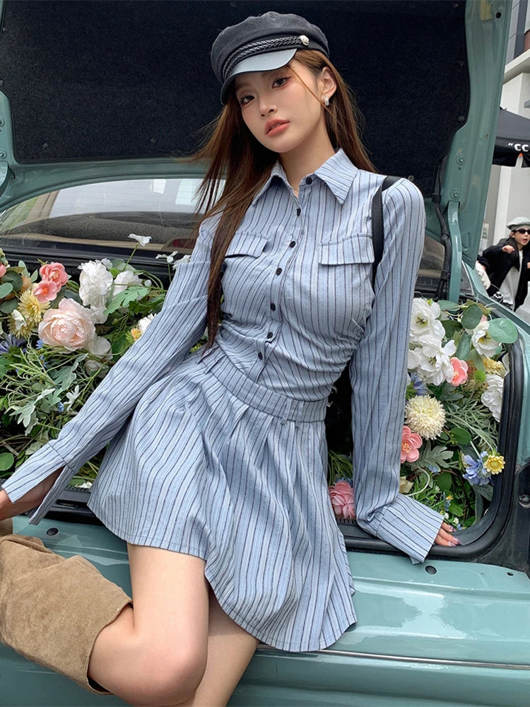 JazzHer-Elegant Vintage Blue Striped Women Mini Dresses Autumn Fashion 2024 New Pleated Long Sleeve Holiday Party Shirt Dress Korean