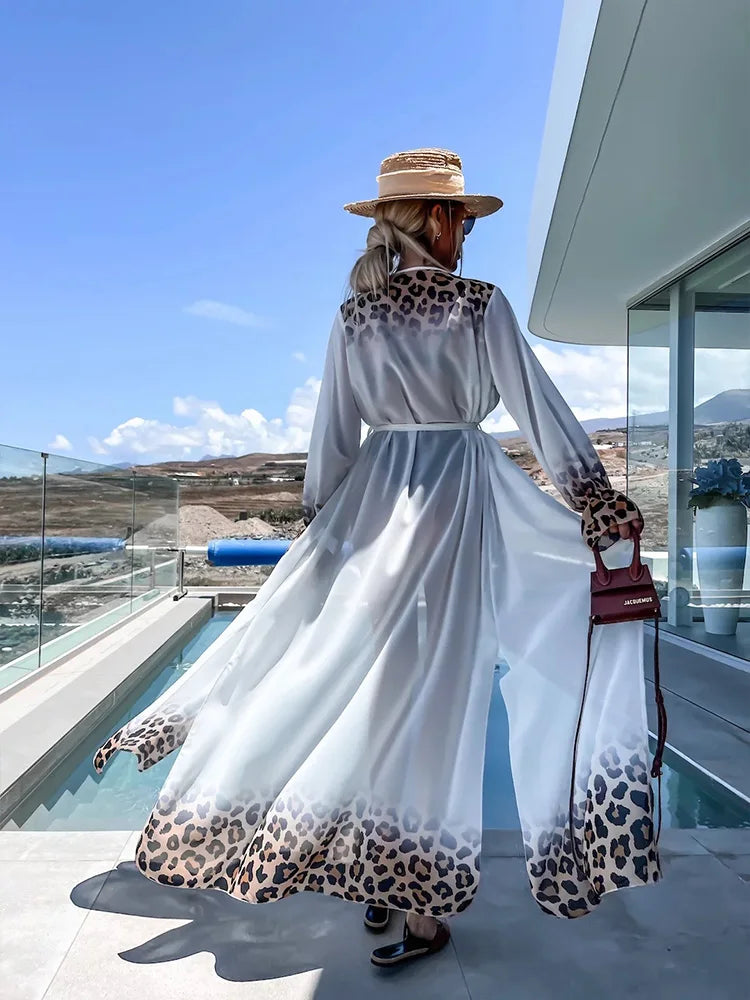 JazzHer Leopard Print Beach Cover-ups Plus Size Chiffon Long Sleeve Maxi Dress Open Front Kimono Cardigan Lightweight Tunic Outfit A2705