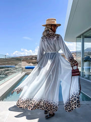 JazzHer Leopard Print Beach Cover-ups Plus Size Chiffon Long Sleeve Maxi Dress Open Front Kimono Cardigan Lightweight Tunic Outfit A2705