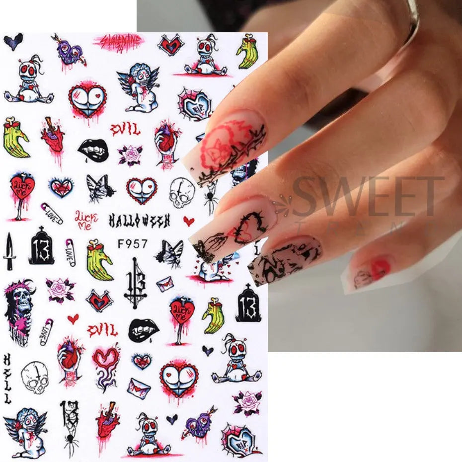 JazzHer 3D Snake Design Nail Stickers Black Evil Eye Tiny Skull Ghost Flower Design Sliders For Halloween Manicure Nail Art Decoration