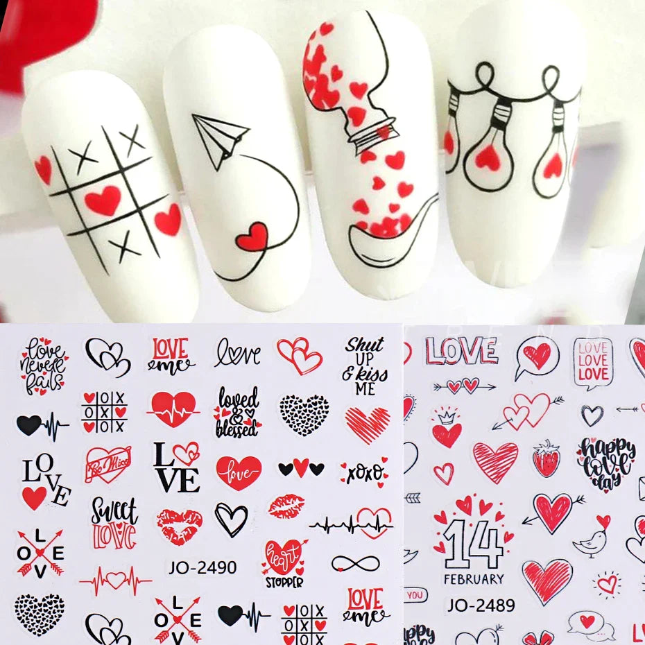 JazzHer Valentines Day Nail Art Sticker Sexy Girl Lips Bear Letter Design Slider 3D Red Love Heart Rose Stickers For Nails Decoration