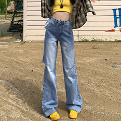 JazzHer Denim Straight Hollow Out High Waist Streetwear Jeans Vintage Slight Blue Jeans Long Pants Y2k Work Summer Blue Jeans Capris