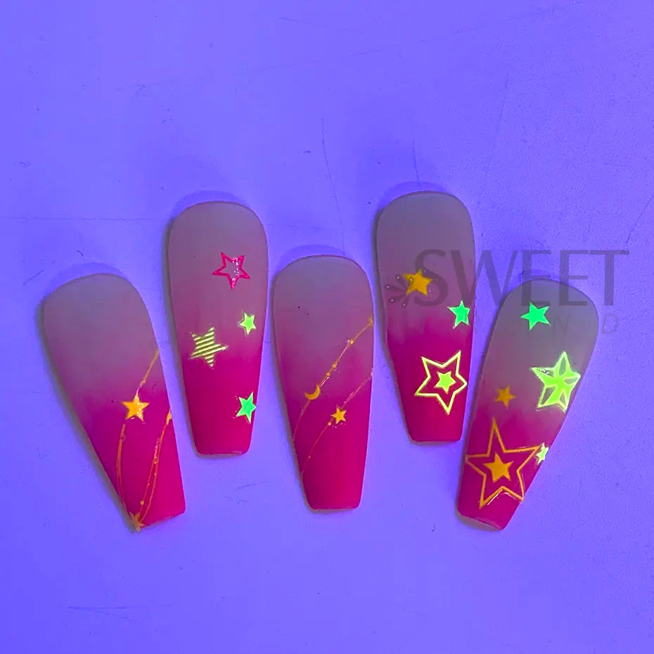 JazzHer 13pcs Neon Fluorescent Nail Sticker 3D Luminous Star Geometry Line French Y2K Design DIY Sliders Manicure Decoration LYAD372-384