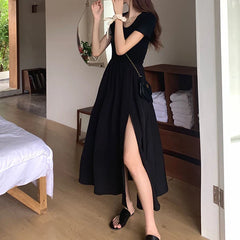 JazzHer Korean Style Fashion Elegant Slit Dress for Women Fairy Slim Fit Dress Tighten The Waist Women 2024 New Spring Summer Dress