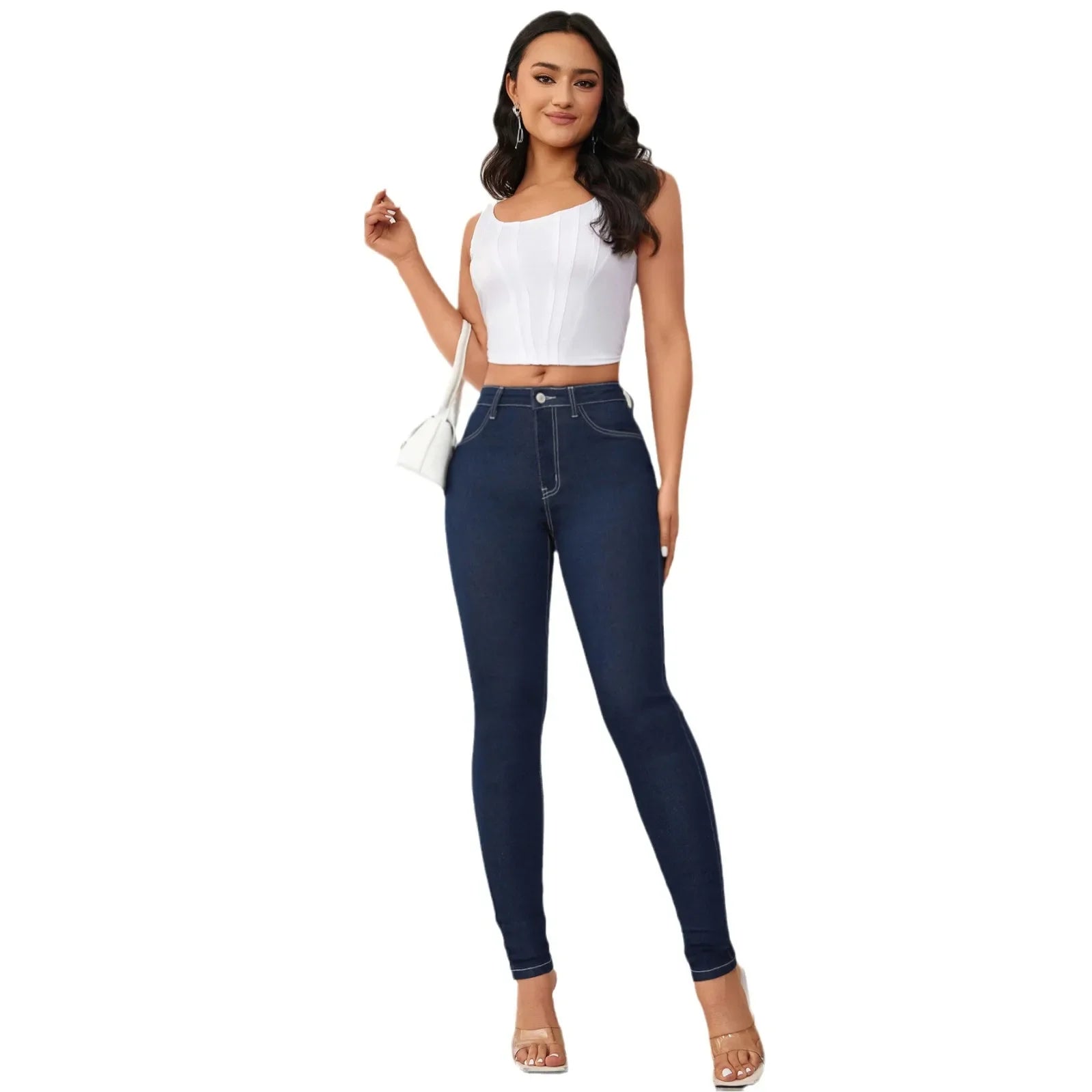 JazzHer Jeans Pencil Pants Women 2024 Casual Denim High Waist Pockets Zipper Fly Stretch Ankle Length Trousers Female Vintage Denims