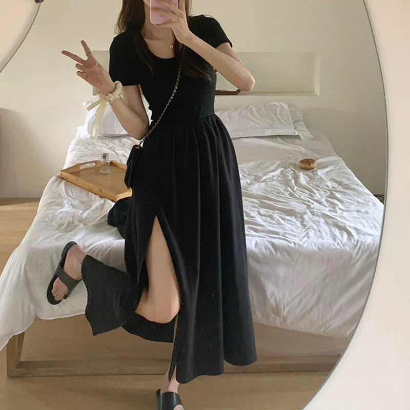 JazzHer Korean Style Fashion Elegant Slit Dress for Women Fairy Slim Fit Dress Tighten The Waist Women 2024 New Spring Summer Dress