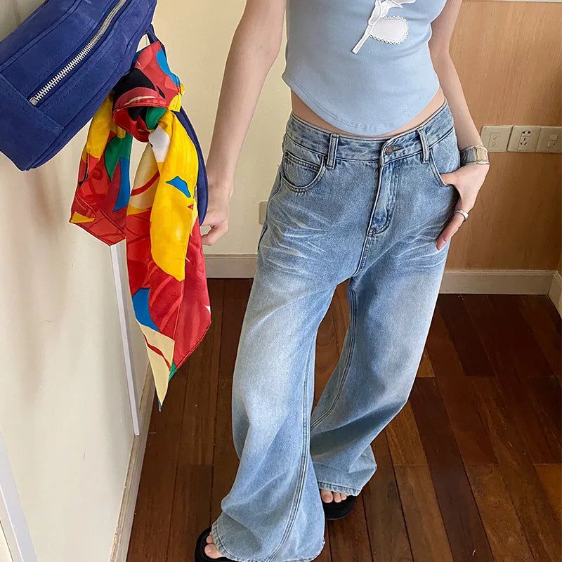 JazzHer Washed Women Wide Leg Pants Distressed Denim Jeans Loose Fit Vintage Full Length Pockets Basics Casual 2024 High Waist