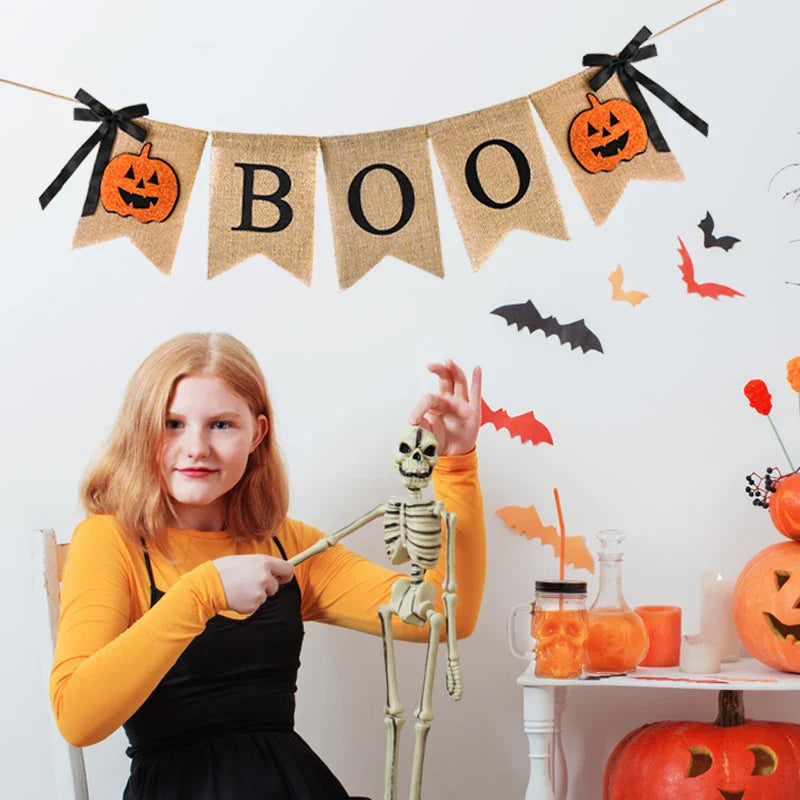 JazzHer Halloween Burlap Banner BOO Pumpkin Bunting Flag Rustic Hanging Garland for Home Fireplace Halloween Party Decoration Supplies