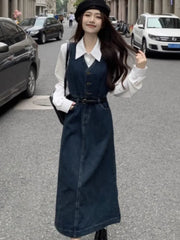 JazzHer Sweet Style 2 Piece Set for Women Dress Sets Turn Down Collar Shirt Denim Midi Dresses Casual Fashion Female Suit Autumn New